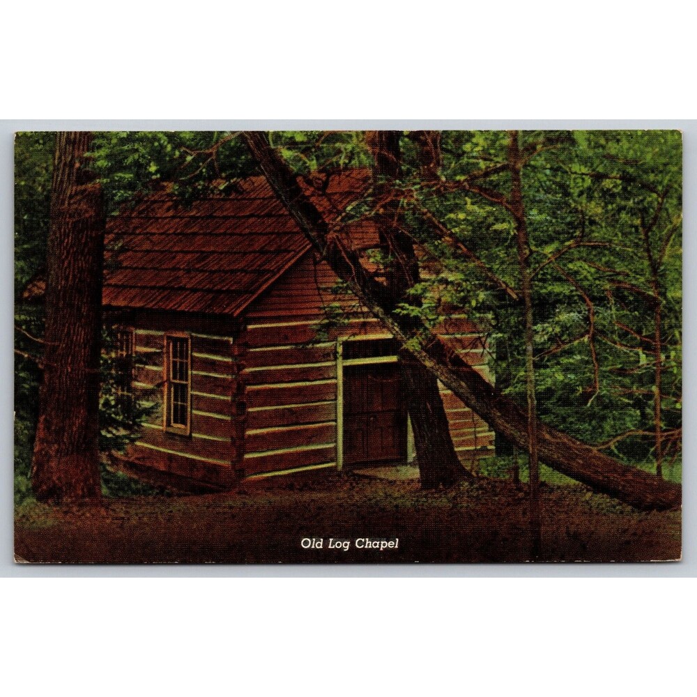 Vintage 1941 Linen Postcard Old Log Chapel Turkey Run State Park Marshall IN
